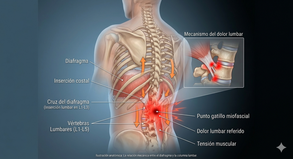 Persona con dolor lumbar llevándose la mano a la zona baja de la espalda, relacionado con una mala función del diafragma